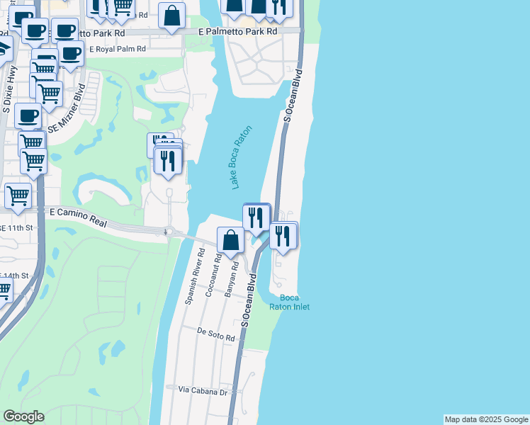 map of restaurants, bars, coffee shops, grocery stores, and more near 725 South Ocean Boulevard in Boca Raton
