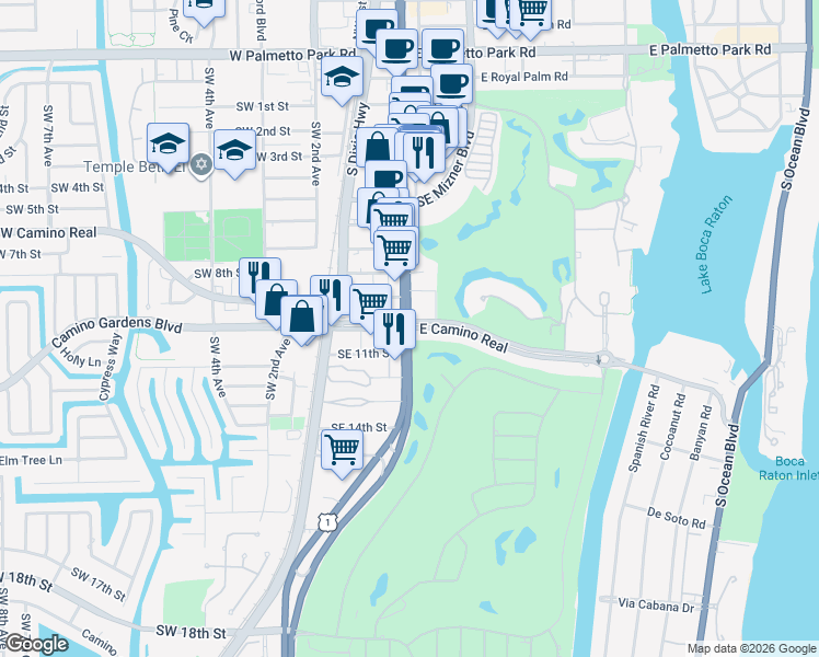 map of restaurants, bars, coffee shops, grocery stores, and more near S Federal Hwy & E Camino Real in Boca Raton