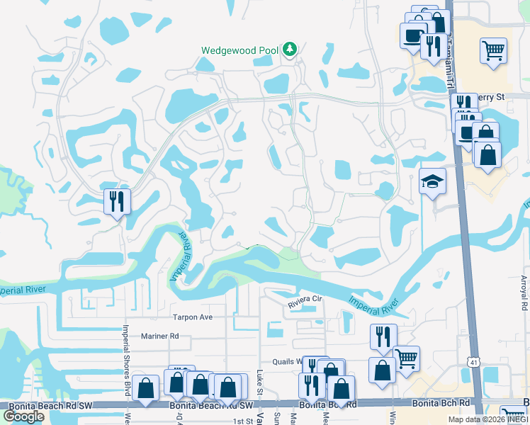 map of restaurants, bars, coffee shops, grocery stores, and more near 27500 Riverbank Dr in Bonita Springs