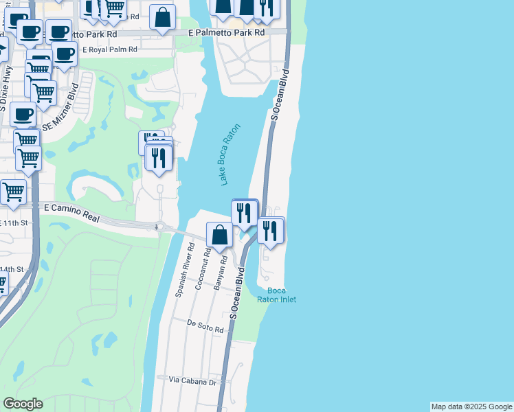 map of restaurants, bars, coffee shops, grocery stores, and more near 725 South Ocean Boulevard in Boca Raton