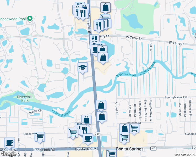 map of restaurants, bars, coffee shops, grocery stores, and more near 8675 River Homes Lane in Bonita Springs