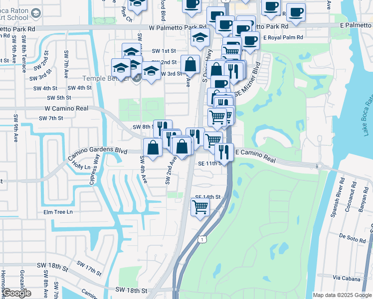 map of restaurants, bars, coffee shops, grocery stores, and more near 171 West Camino Real in Boca Raton