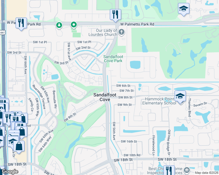 map of restaurants, bars, coffee shops, grocery stores, and more near 9033 Southwest 6th Street in Boca Raton