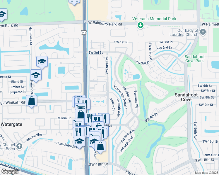 map of restaurants, bars, coffee shops, grocery stores, and more near 22556 Southwest 66th Avenue in Boca Raton