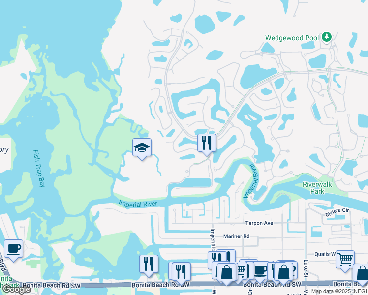 map of restaurants, bars, coffee shops, grocery stores, and more near 4401 Riverwatch Drive in Bonita Springs