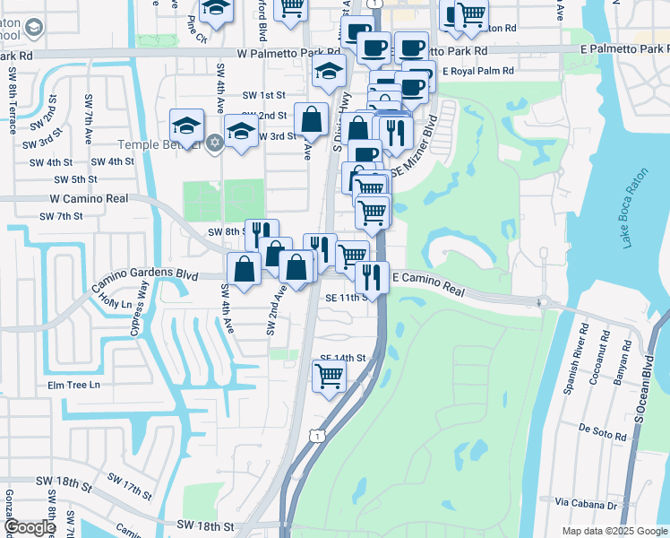 map of restaurants, bars, coffee shops, grocery stores, and more near 33 East Camino Real in Boca Raton