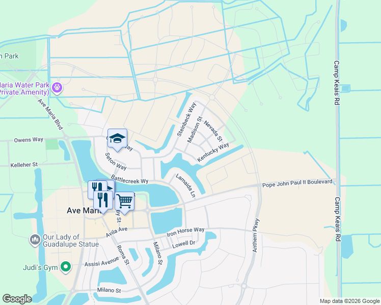 map of restaurants, bars, coffee shops, grocery stores, and more near 4110 Ogden Street in Ave Maria