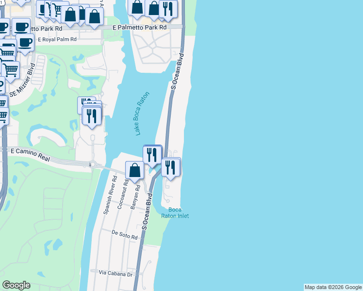 map of restaurants, bars, coffee shops, grocery stores, and more near 750 South Ocean Boulevard in Boca Raton