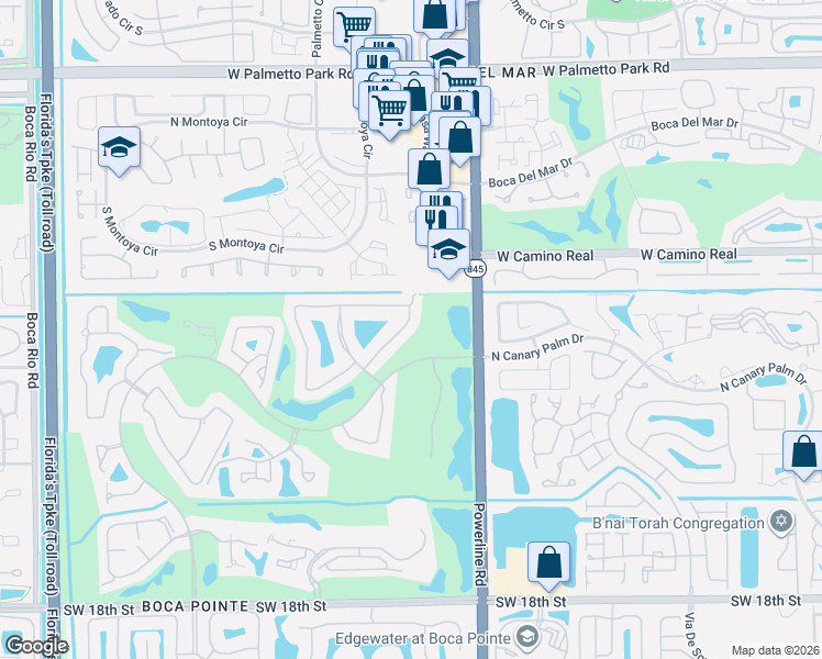 map of restaurants, bars, coffee shops, grocery stores, and more near 7195 Via Palomar in Boca Raton