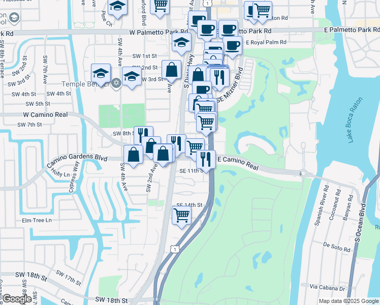 map of restaurants, bars, coffee shops, grocery stores, and more near 33 East Camino Real in Boca Raton