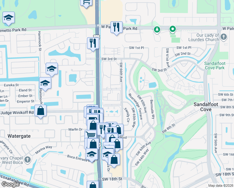 map of restaurants, bars, coffee shops, grocery stores, and more near 22511 Southwest 66th Avenue in Boca Raton