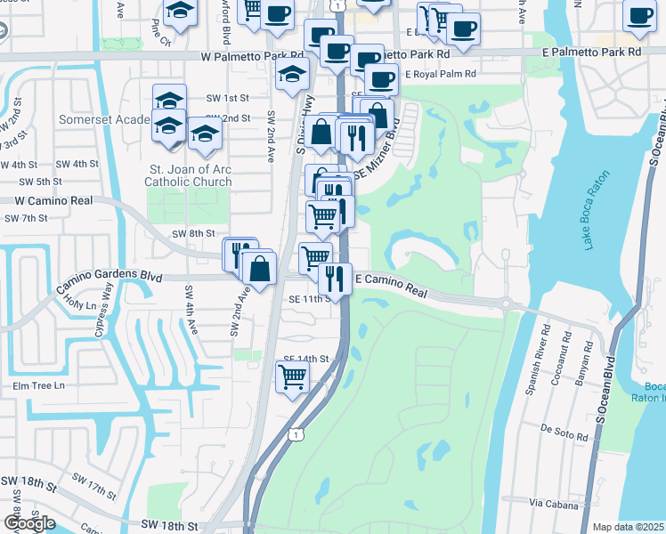 map of restaurants, bars, coffee shops, grocery stores, and more near 925 South Federal Highway in Boca Raton
