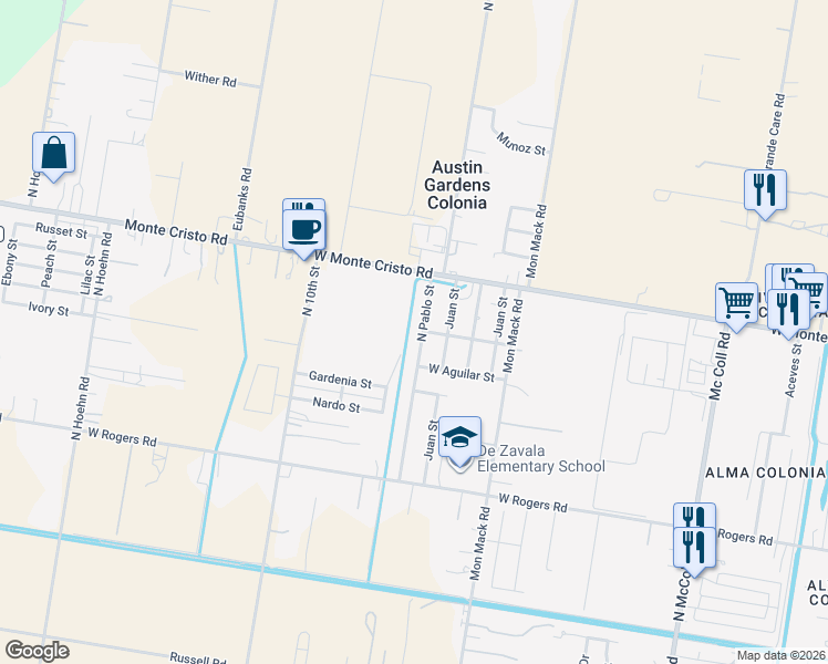 map of restaurants, bars, coffee shops, grocery stores, and more near 3323 North Pablo Street in Edinburg