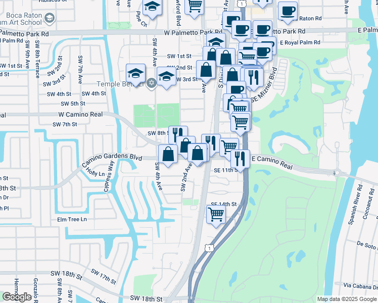 map of restaurants, bars, coffee shops, grocery stores, and more near 122 West Camino Real in Boca Raton