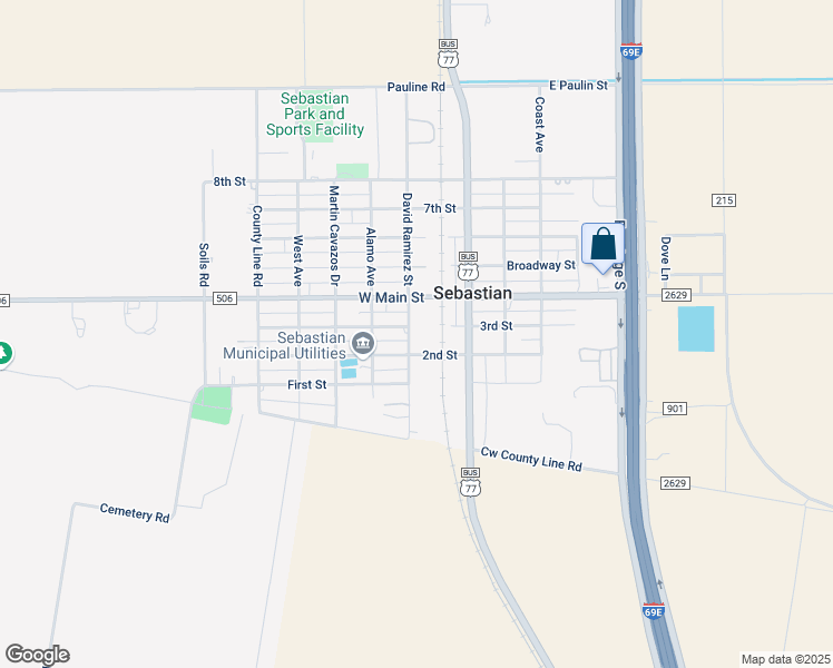 map of restaurants, bars, coffee shops, grocery stores, and more near 3449 South Ramirez Road in Lyford
