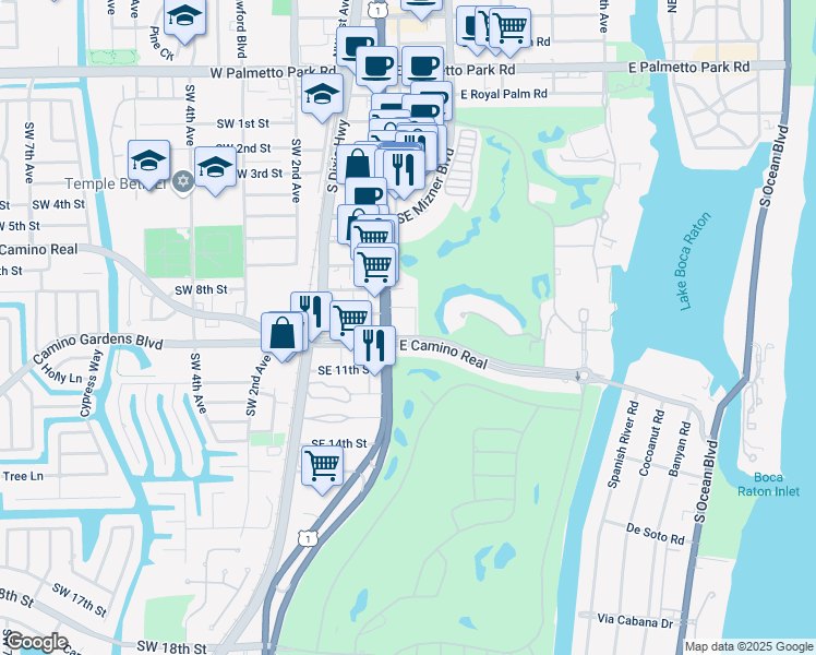 map of restaurants, bars, coffee shops, grocery stores, and more near 103 East Camino Real in Boca Raton