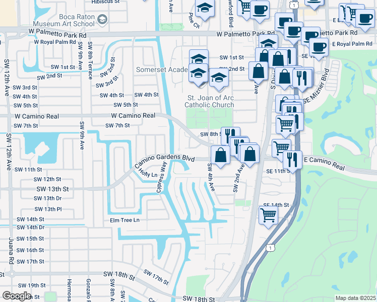 map of restaurants, bars, coffee shops, grocery stores, and more near 482 Southwest 9th Street in Boca Raton