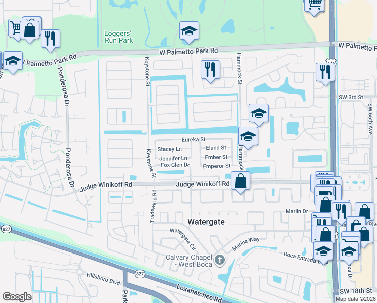 map of restaurants, bars, coffee shops, grocery stores, and more near 10800 Stacey Lane in Boca Raton