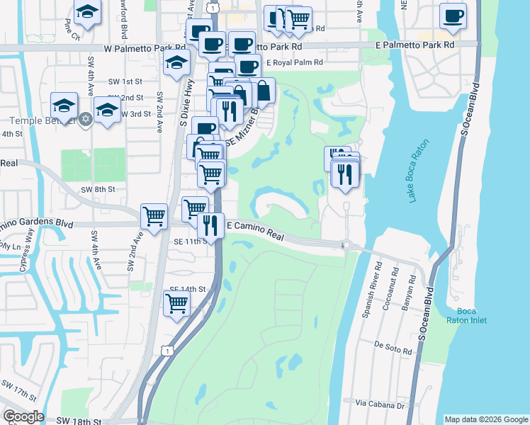 map of restaurants, bars, coffee shops, grocery stores, and more near 301 Mizner Lake Estates Drive in Boca Raton