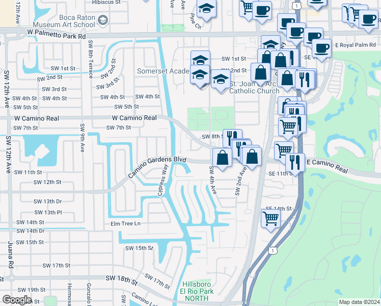 map of restaurants, bars, coffee shops, grocery stores, and more near 482 Southwest 9th Street in Boca Raton