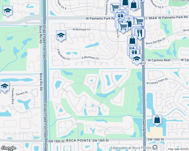 map of restaurants, bars, coffee shops, grocery stores, and more near 22612 Caravelle Circle in Boca Raton