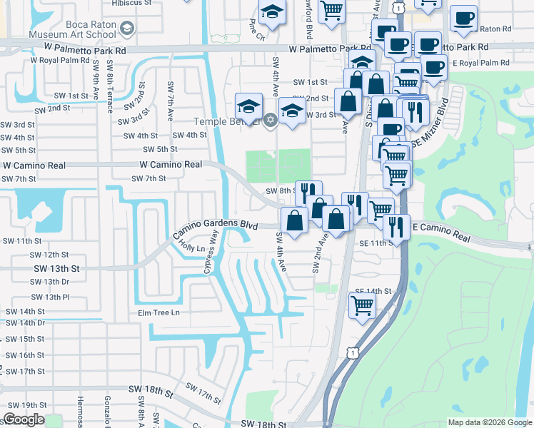 map of restaurants, bars, coffee shops, grocery stores, and more near 901 Southwest 4th Avenue in Boca Raton