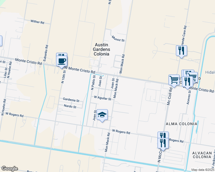 map of restaurants, bars, coffee shops, grocery stores, and more near 3418 Belinda Street in Edinburg