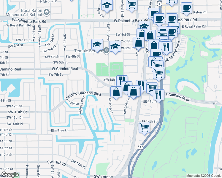map of restaurants, bars, coffee shops, grocery stores, and more near 398 West Camino Real in Boca Raton