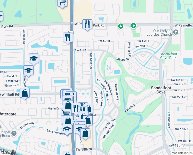 map of restaurants, bars, coffee shops, grocery stores, and more near 22523 Southwest 65th Terrace in Boca Raton