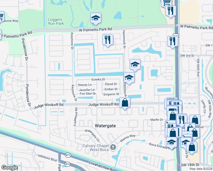 map of restaurants, bars, coffee shops, grocery stores, and more near 10730 Eland Street in Boca Raton