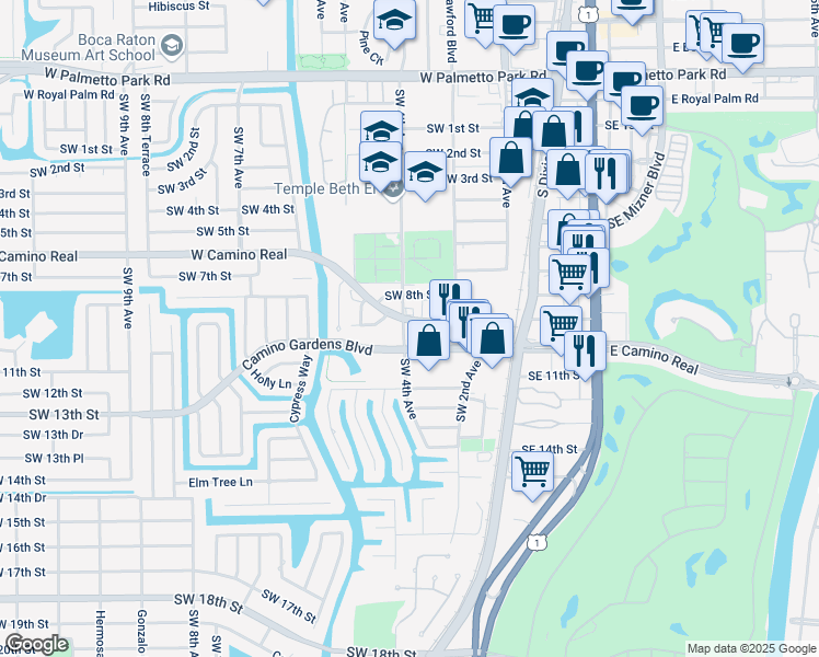 map of restaurants, bars, coffee shops, grocery stores, and more near 398 West Camino Real in Boca Raton