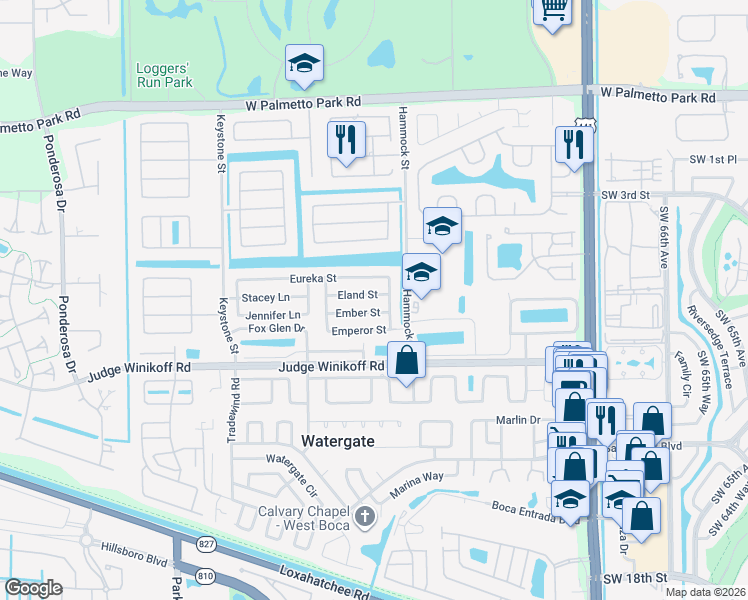 map of restaurants, bars, coffee shops, grocery stores, and more near 10670 Eland Street in Boca Raton