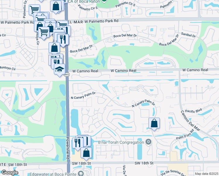 map of restaurants, bars, coffee shops, grocery stores, and more near 6582 Patio Lane in Boca Raton