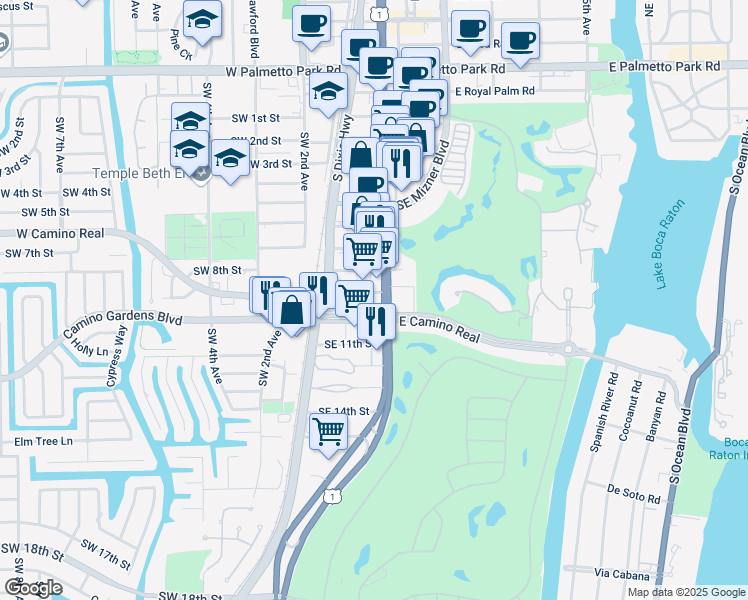 map of restaurants, bars, coffee shops, grocery stores, and more near 925 South Federal Highway in Boca Raton