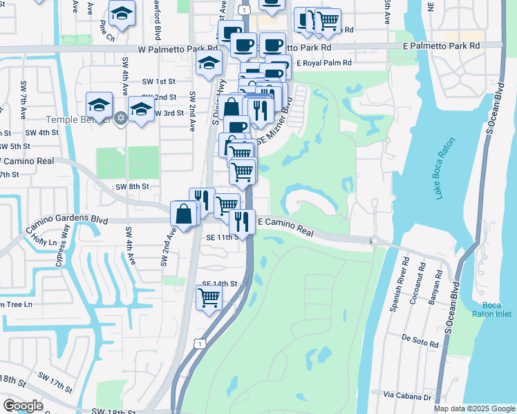 map of restaurants, bars, coffee shops, grocery stores, and more near 101 East Camino Real in Boca Raton