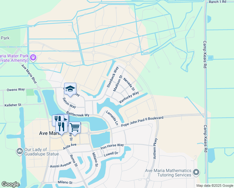map of restaurants, bars, coffee shops, grocery stores, and more near 4110 Ogden Street in Ave Maria
