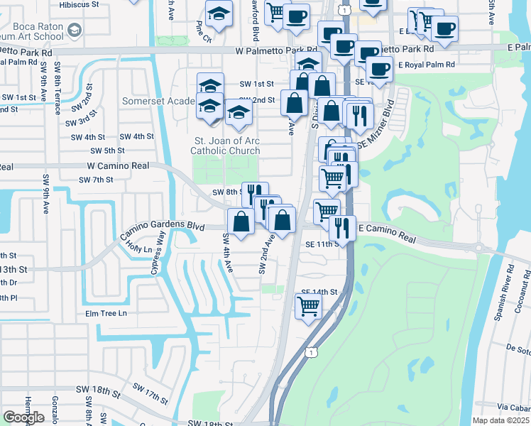 map of restaurants, bars, coffee shops, grocery stores, and more near 225 West Camino Real in Boca Raton