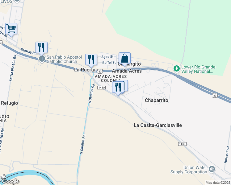 map of restaurants, bars, coffee shops, grocery stores, and more near 5567 Farm to Market Road 1430 in Rio Grande City
