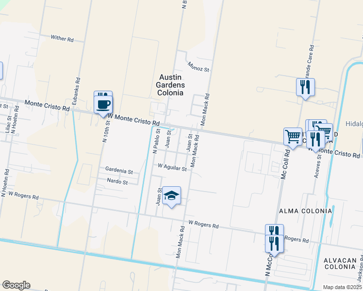 map of restaurants, bars, coffee shops, grocery stores, and more near 3418 Belinda Street in Edinburg