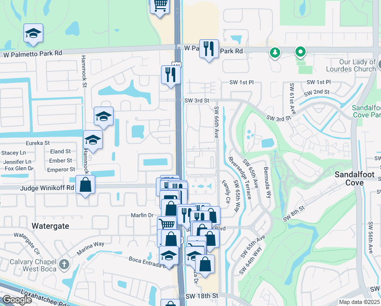 map of restaurants, bars, coffee shops, grocery stores, and more near 22453 Southwest 66th Avenue in Boca Raton