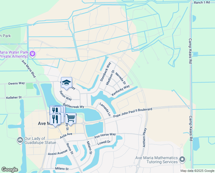 map of restaurants, bars, coffee shops, grocery stores, and more near 4110 Ogden Street in Ave Maria