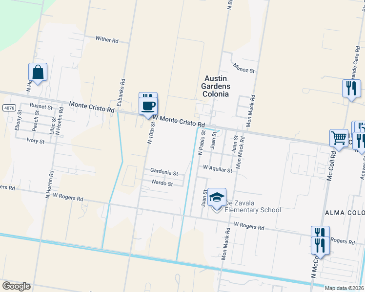 map of restaurants, bars, coffee shops, grocery stores, and more near 3323 North Pablo Street in Edinburg
