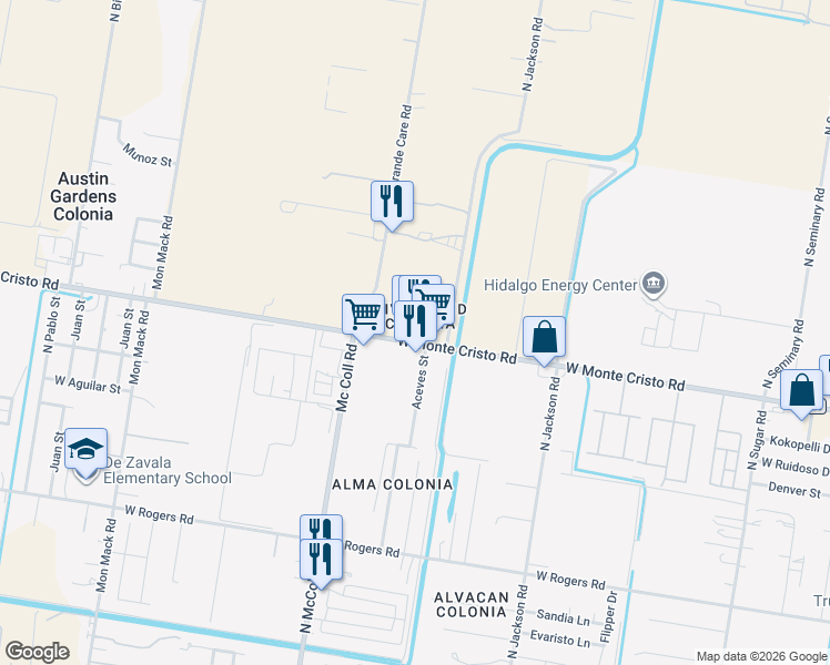 map of restaurants, bars, coffee shops, grocery stores, and more near 2625 West Monte Cristo Road in Edinburg