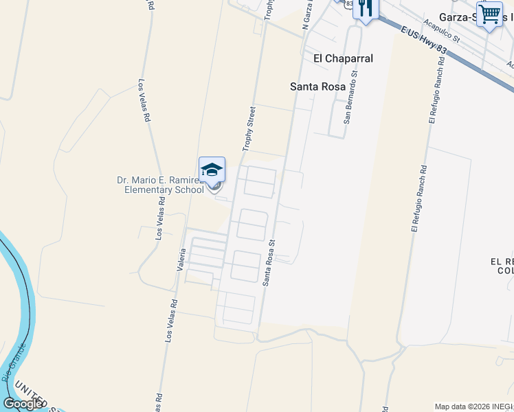 map of restaurants, bars, coffee shops, grocery stores, and more near 406 Thornwood Loop in Rio Grande City