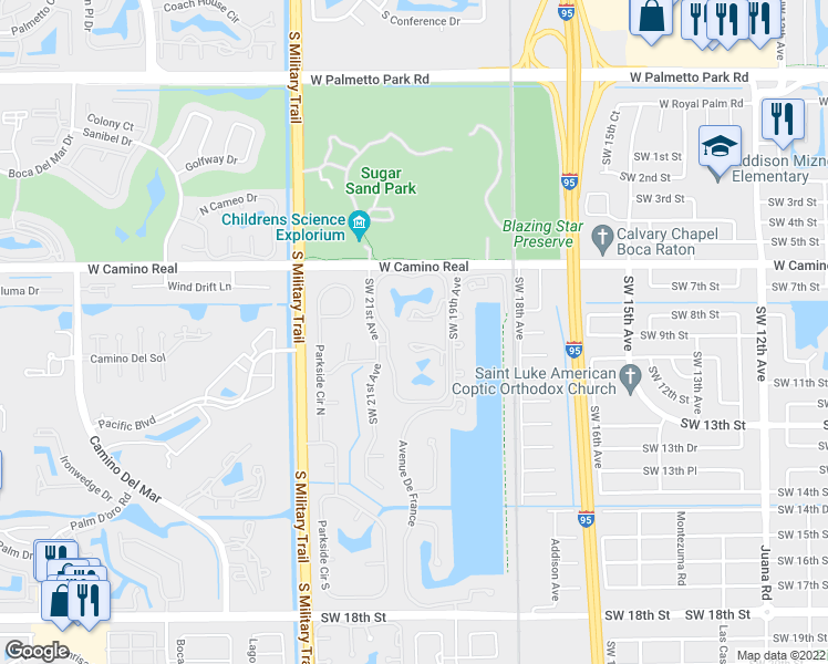 map of restaurants, bars, coffee shops, grocery stores, and more near 896 Southwest 9th Street Circle in Boca Raton
