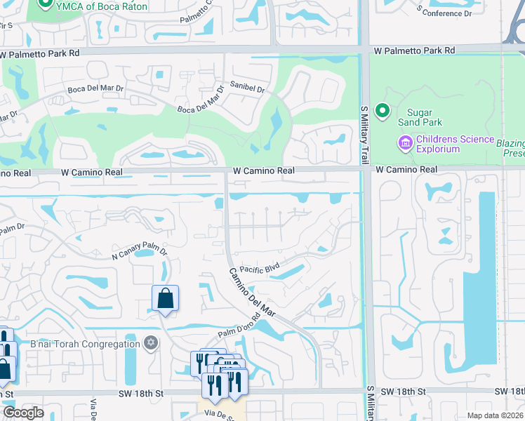 map of restaurants, bars, coffee shops, grocery stores, and more near 5750 Camino Del Sol in Boca Raton