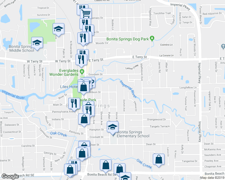 map of restaurants, bars, coffee shops, grocery stores, and more near 10700 Wilson Street in Bonita Springs