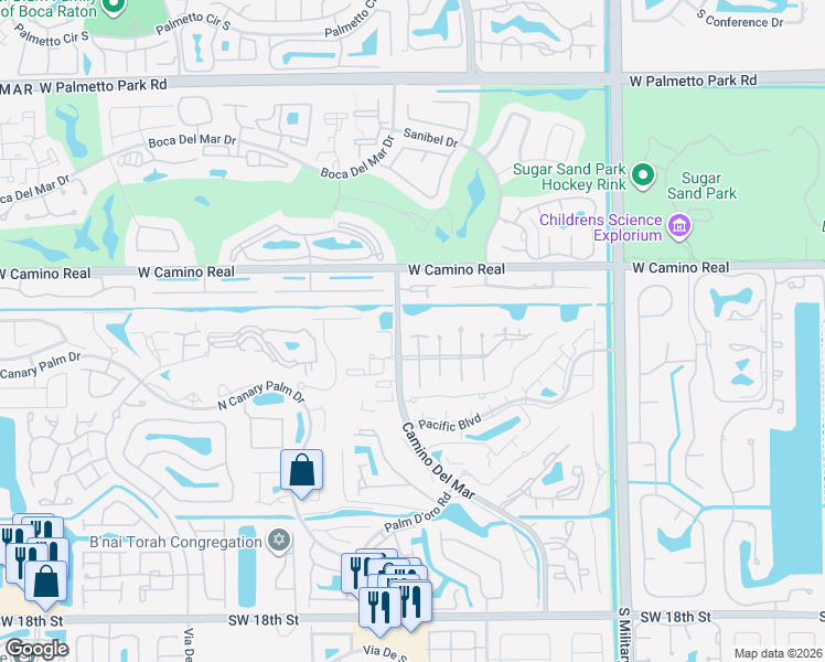 map of restaurants, bars, coffee shops, grocery stores, and more near 5900 Camino Del Sol in Boca Raton