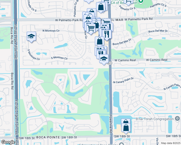 map of restaurants, bars, coffee shops, grocery stores, and more near 7195 Via Palomar in Boca Raton