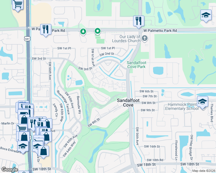 map of restaurants, bars, coffee shops, grocery stores, and more near 9274 Southwest 5th Street in Boca Raton